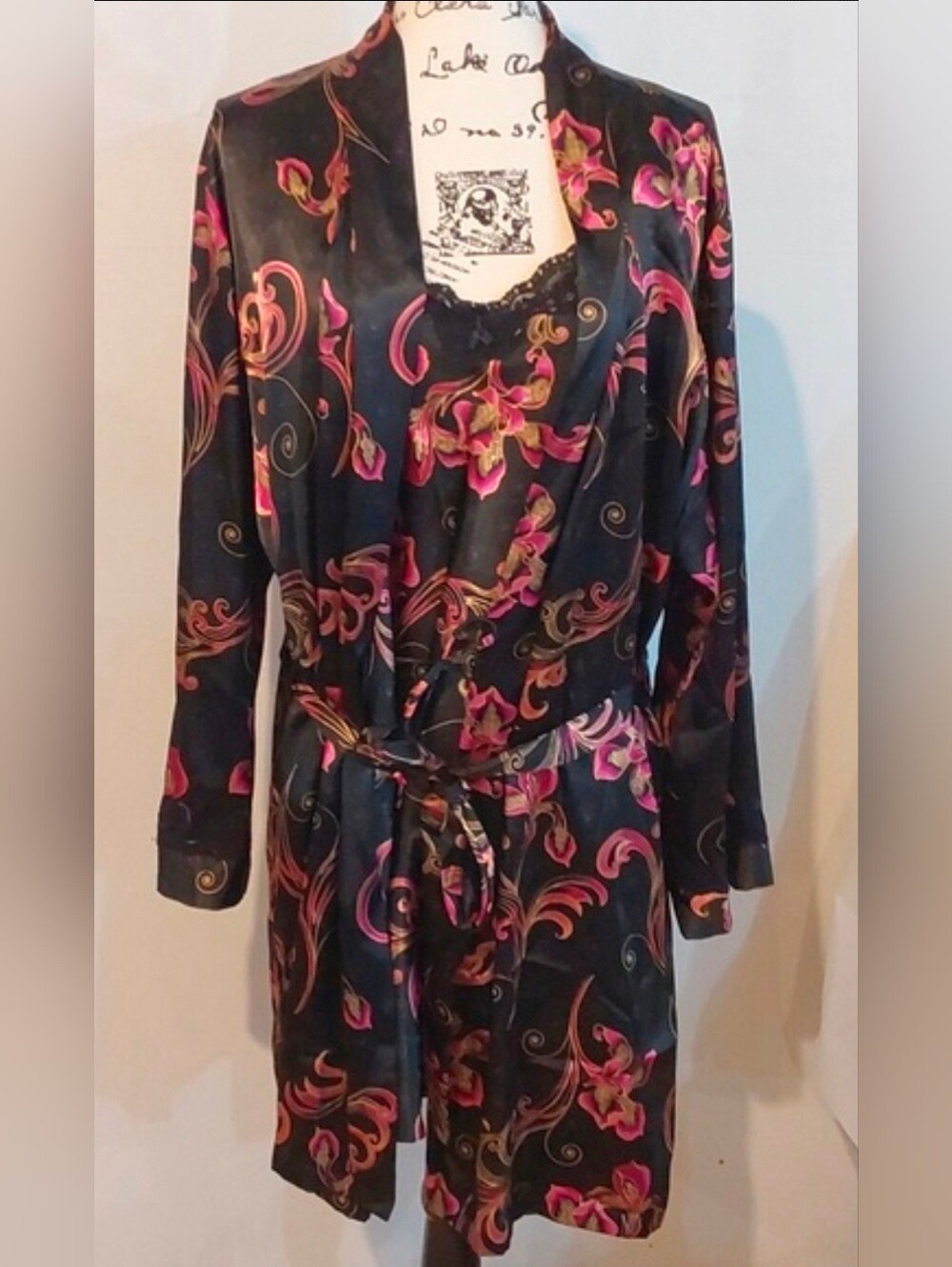 Womens Vibrant Dark Floral Black/ Pink Chemise Set Satin Pajamas Sexy Sz.XL